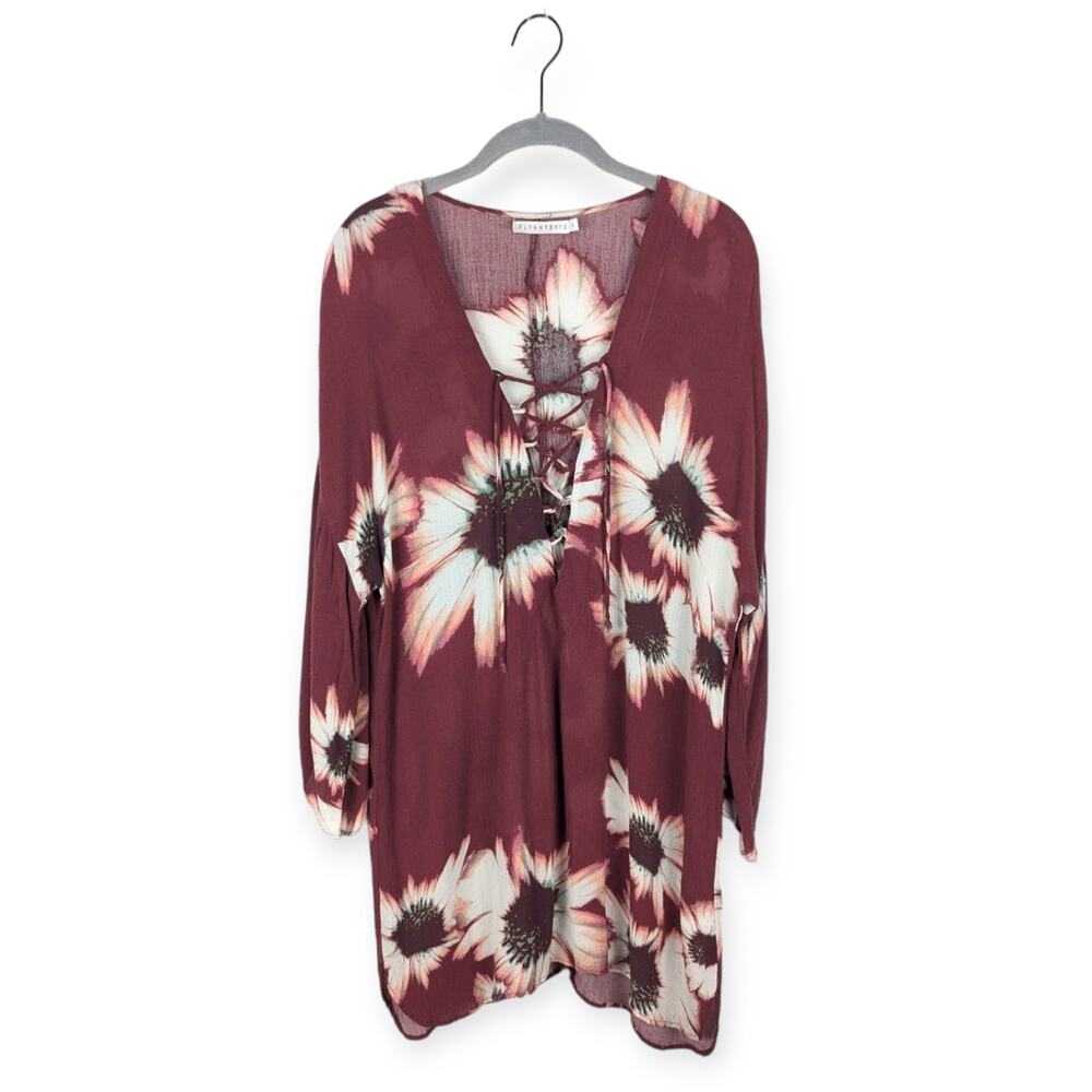 Flynn Skye Burgundy Sunflower Lace Up Gauzy Tunic‎ Size Large